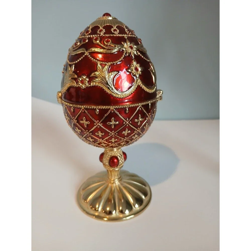 Red Enamel Egg Ruby Jewel Wind Up Music Box Christmas Tree W Presents